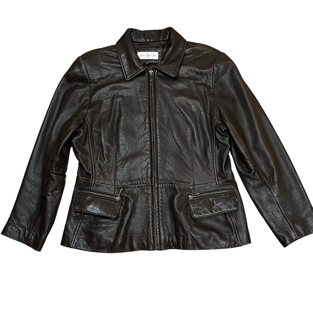 Jones New York Dark Brown Leather Zip Up Jacket L Butter Soft Grunge Moto